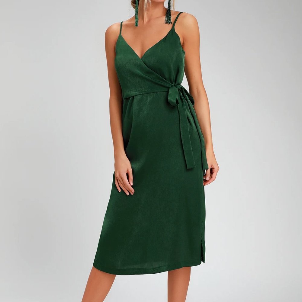 Forest Green Satin Midi Wrap Dress